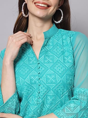 Image of Ekasya Women's Georgette Embroidered Work Kurta with Notch Neck 3 /4 Sleeves Straight Cut Calf Length | E1547