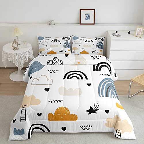 Erosebridal Cartoon Rainbow Comforter Set, Kids Kawaii Cartoon Sun Cloud Duvet Insert Twin, Love Heart Quilt for Boys Girls Children Teens, Hand Drawn Rainbow Bedding Set Soft Microfiber Com