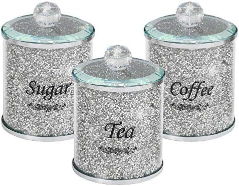 Value For Money Diamond Crushed Tea Coffee Sugar Canisters Jars Kitchen Storage Silver Trimmings Crystal Filled Black Writing