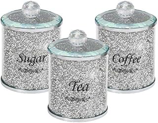 Value For Money Diamond Crushed Tea Coffee Sugar Canisters Jars Kitchen Storage Silver Trimmings Crystal Filled Black Writing