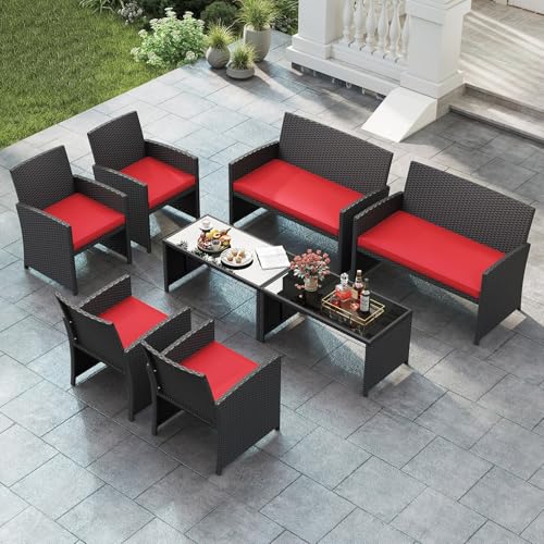 Image of Tangkula 8 Pieces Patio Wicker Furniture Set, Outdoor Heavy Duty Rattan Cushioned Chairs, Loveseat and Tempered Glass Coffee Table, for Backyard, Balcony, Poolside