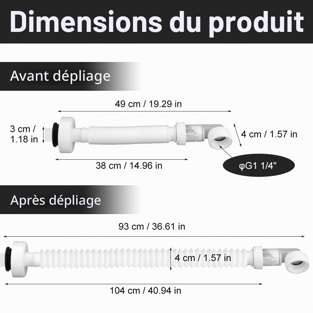G1 1/4 zoll Siphon Lavabo Evier Cuisine Set, Siphon Plastique Gain de Place, Syphon Salle, Evacuation Evier Adaptable en à l'épreuve des Odeurs, Tuyau de Vidange Flexible Universel pour Salle