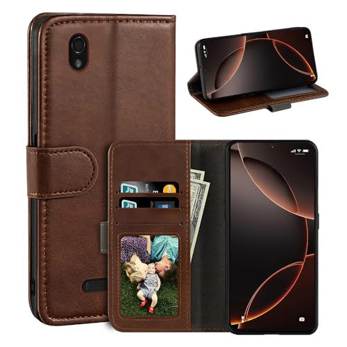 UOGNADGD Leder-Flip-Hülle Kompatibel mit ZTE Blade X3 A452 Geldbörsen-Hülle mit Kartenfächern, Magnetverschluss, Kickstand, RFID Stoßfest (Dunkelbraun)