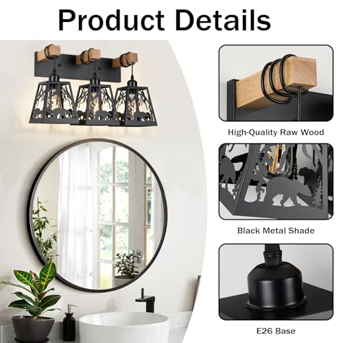 Image of Rustic Bathroom Light Fixtures, 3-Light Farmhouse Vanity Lamp with Bear Design and Wooden Frame, Wall Lighting for Bathroom, Hallway, Kitchen, Porch