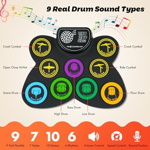 Bild 1 - CAHAYA E-Drum-Set 9-Pads für Kinder Anfänger: Aufrollbar Elektronisches Schlagzeug Mit 2 Pedal Eingebauter Stereo-Lautsprecher - Unterstützt Kopfhörerausgang 10 Stunden Akkulaufzeit- CY00370-1