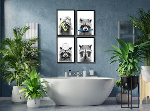 Image of Mira Mest Framed Bathroom Wall Decor | Funny Quotes & Cute Animal Art Prints | Quirky Toilet Signs & Guest Bath Decorations | Minimalist Black & White Washroom Signs | Ready to Hang Toilet Humor for Home & Powder Room (Racoon Set of 4)