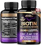 Biotin | Collagen | Keratin - Clinically Tested Supplement - Hair Growth Support, Skin & Nails - 25000 mcg Vitamins B2, B3, B6 & B7 + B1 & Hyaluronic Acid - Made in USA - Women & Men | 120 Capsules