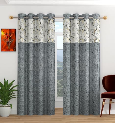 Image of Floral Patch Semi-Sheer Curtains for Window 5 Feet, Pack of 2, Grey