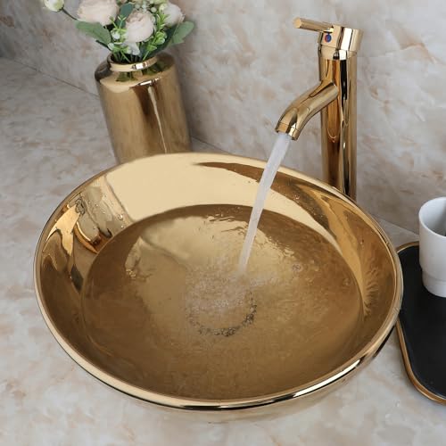 Washly Badkamer Vessel Sink 16 Inch Gouden Keramische Wastafel Kom Met Gouden Kraan En Pop-Up Afvoer Combo, Ovale Badkamer Wastafel Boven Teller Art Wastafel Wastafel Set
