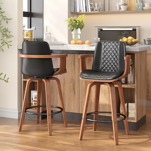 YaFiti Swivel Bar Stools Set of 2, 26 Inch Bar Height Barstools with Arms and High Back, Upholstered PU Leather Counter Height Stools with Bentwood Wood Frame and Legs for Kitchen Island, Black