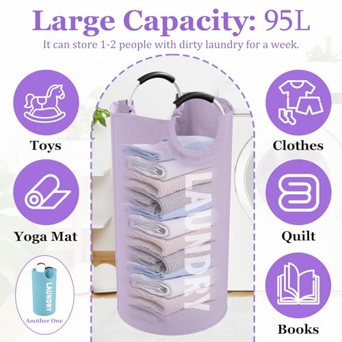 Image of Set of 2 Collapsible Laundry Baskets with Handles, 95L Big Laundry Hampers for Bedroom, Waterproof Clothes Baskets, Independent Dirty Clothes Hamper for Travel, Nursery, Purple /Blue