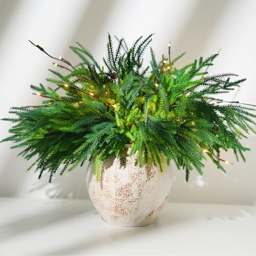 Christmas Norfolk Pine Branches, 12 Bundles Artificial Xmas Greenery Leaves Stems and 2PCS Tree Branches for DIY Garlands, Wreaths, Crafts, Holiday and Home Centerpiece Table Decorations