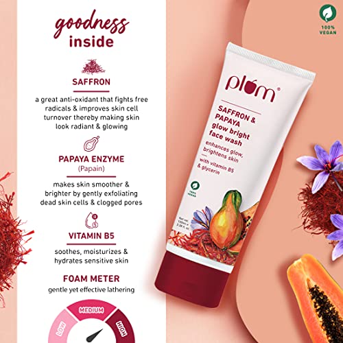 Plum Saffron & Papaya Glow & Brightening Face Wash | With Vitamin B5 | Boosts Glow, Brightens Skin | Non-Drying, Gel-Based | All Skin Types | Glow Bright Face Wash For Women & Men | Sulphate-Free | 100% Vegan | 100 ml - Image 4