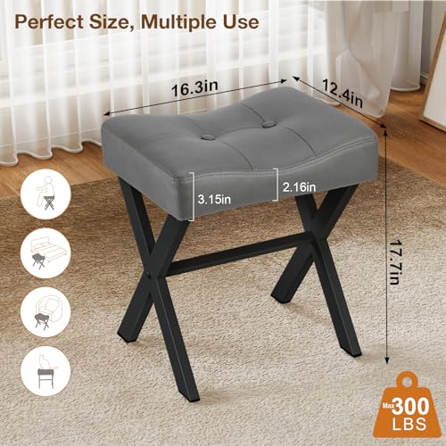 Image of Memobarco 18-Inch Leather Vanity Stool Chair, Vanity Bench with Metal X-Leg, Ottoman Accent Stool with Thick Padded Saddle Seat, Gray