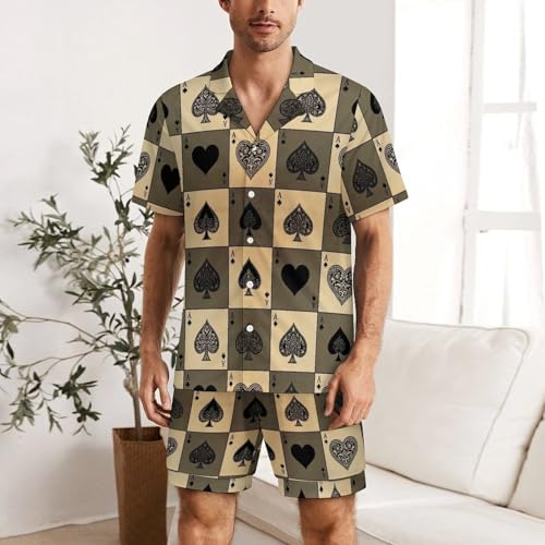 Men's Two Piece Button Down Soft Shirt and Shorts Pajamas Set Lightweight Sleepwear Summer Loungewear (Vintage Ace Of Spades Card Poker Lover)2