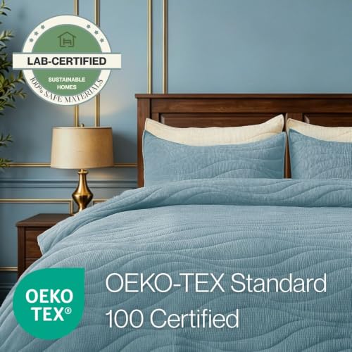 Image of DOWN HOME Crinkle Textured Velvet Quilt Set with Shams, All-Season Luxury Modern Bedding,Easy Care Comforter,Ultra-Soft,Lightweight & Breathable, Queen, Celestial Blue
