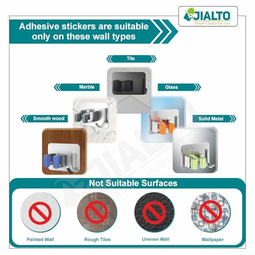 Image of JIALTO 3 Pcs Adhesive Mop Holder and Broom Holder Wall Mounted Stainless Steel | Heavy Duty Mop & Broom Organizer with Hooks | Adhesive Storage Rack for Kitchen & Bathroom (Blue, 3)