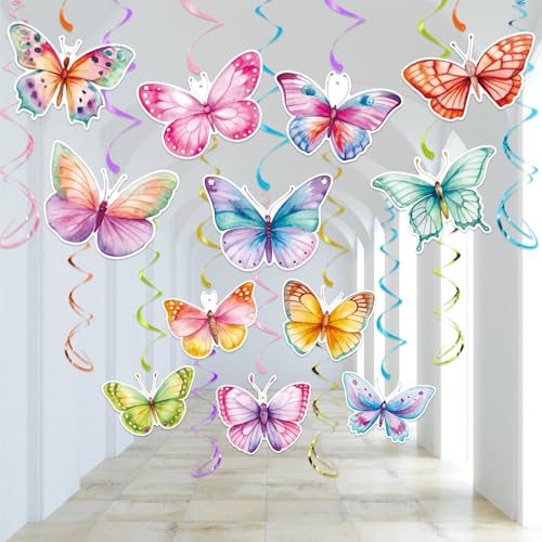 Image of 30 Pieces Butterfly Party Decorations - Watercolor Butterfly Hanging Swirls Spring Summer Theme Butterfly Decorations for Birthday Wedding Baby Shower Party Supplies