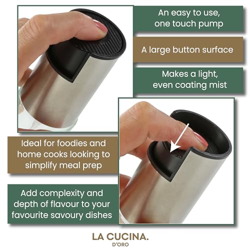 La Cucina D’Oro Oil Sprayer for Cooking & Air Fryer - 90ml Refillable Glass Oil Mister with Stainless Steel Pump + 180ml Garlic Sunflower Oil - Kitchen Gift Set for Roasting, Salad, BBQ & Baking - Image 6