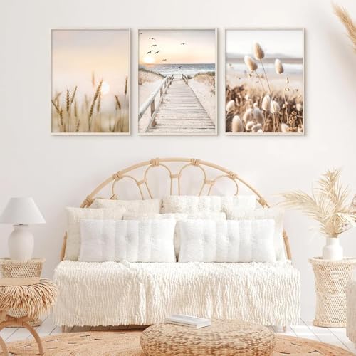3 Affiche Decoration Murale Beige Tableau Nature Paysage Poster Mural Pampas Mer Plage Paysage Impression sur Toile Photo art Affiche Boho Tableau Mural Deco...