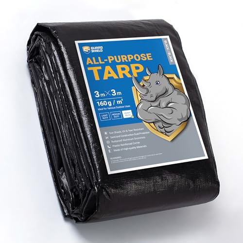 GUARD SHIELD Heavy Duty Tarpaulin Sheet 3x3m Black Tarp Multi Purpose UV Resistant Waterproof Ground Cover 160g/m