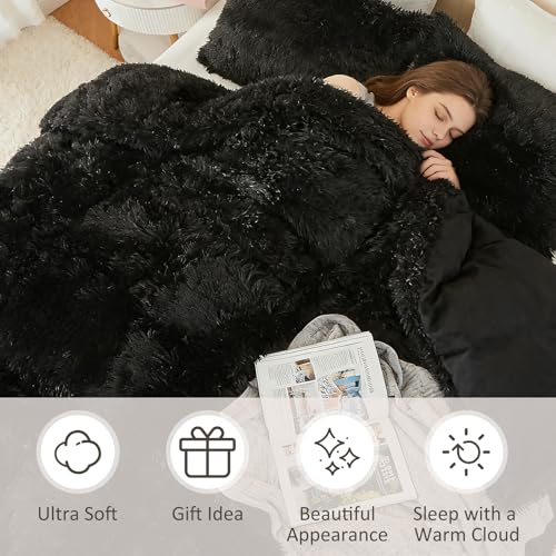 Image of EMME Luxury Fuzzy Duvet Cover Set Twin Size Fluffy Comforter Cover Set for Twin Bed 2 Pieces Shaggy and Plush Soft Bedding Duvet Covers (Black, Twin)