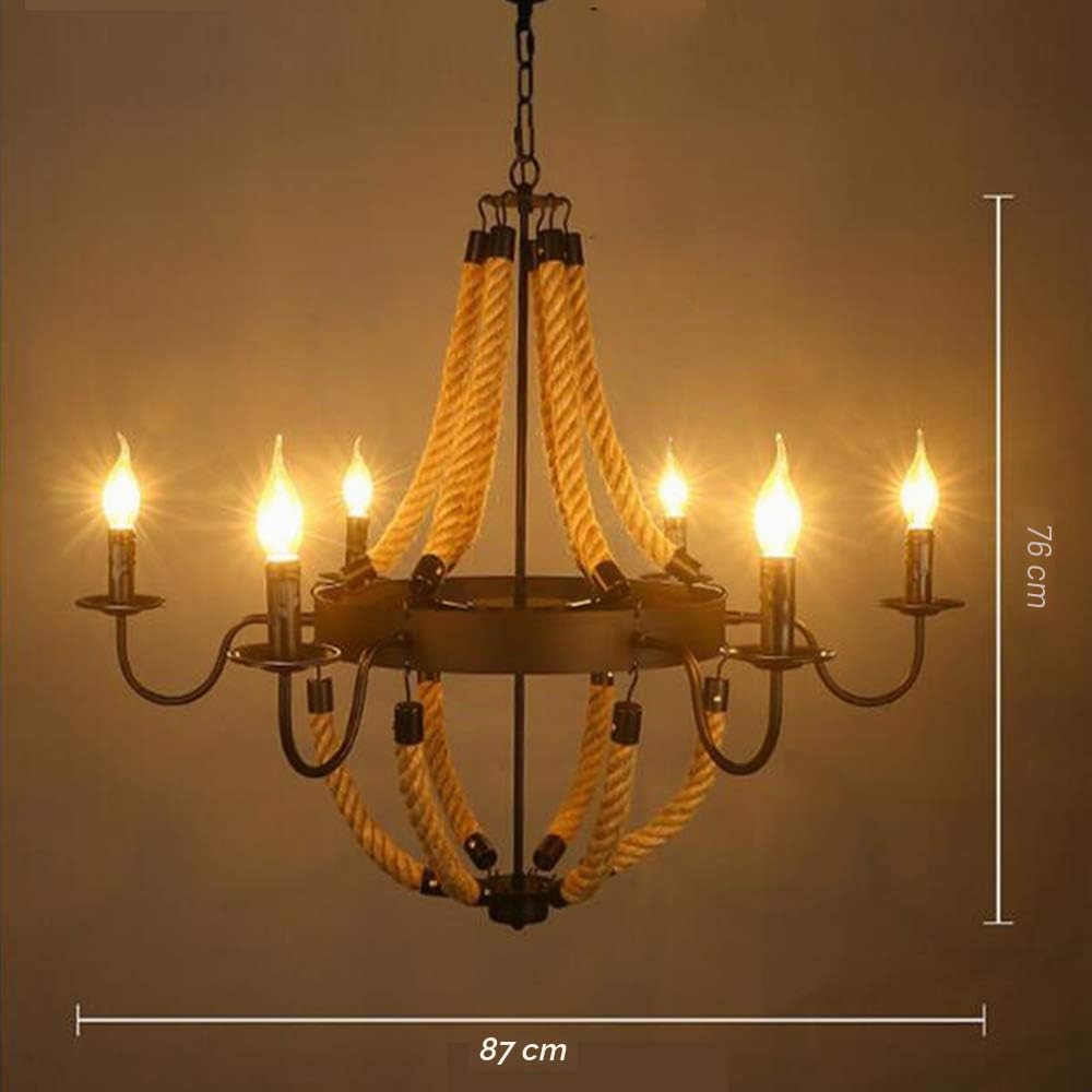 Lámpara De Araña Cuerda De Cáñamo Luz Colgante Rústico E14 Luz De Techo Cuerda Vintage Lámpara Colgante De Metal Industrial Comedor Cocina Sala De Estar Bar Cafe Lámparas Colgantes,6 heads