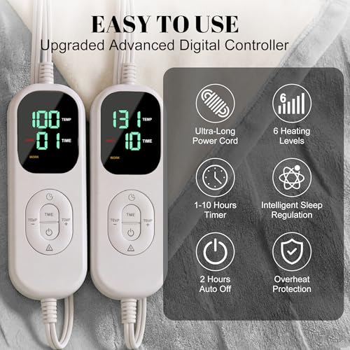 Image of IUUI Heated Blanket Electric King Dual Controller- 90x100 Inches Soft Flannel Heating Blanket,Fast Heating Blanket 6 Heating Levels & 2 Hours Auto Off ETL Certification (Silver Grey, King)