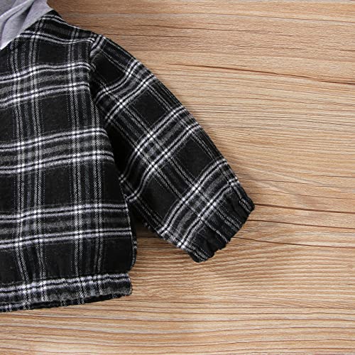 Character Winter Coats for Boys Flannel Shirt Jacket Plaid Patchwork Long Sleeve Fall Shirt Hooded (Black, 3-6 Months)3