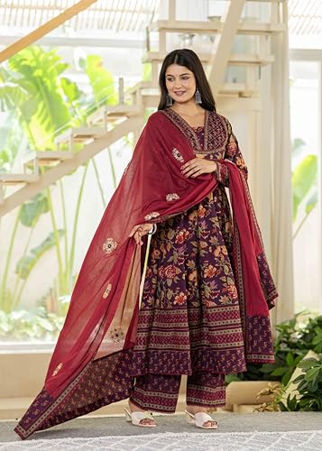 Image of Pistaa's Women's Pure Cotton Anarkali Floral Printed Kurta with Palazzo & Dupatta Set