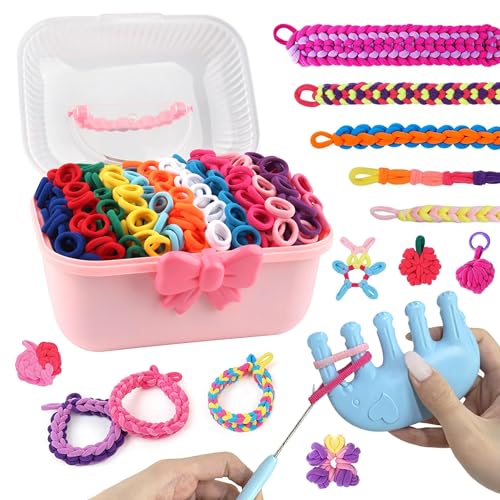 Bracelet Making Kit for Girls Elastic Band Bracelet Making Kit with 1200+ Colorful Hair Ties DIY Organizer Case Craft Weaving Loom Bands Arts and Crafts for Girls