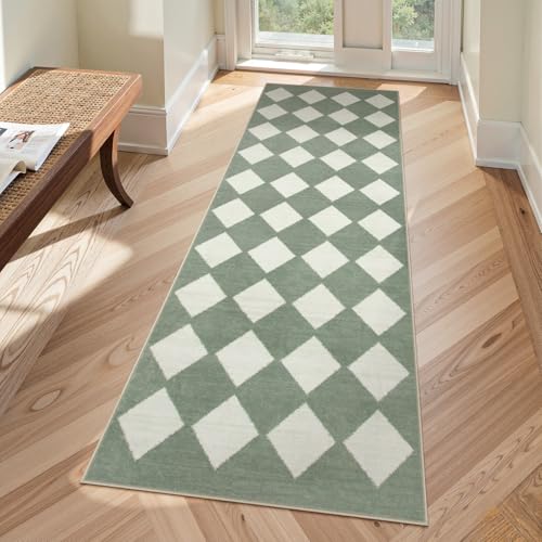 Lahome Checkered Washable 2x6 Green Runners for Hallways Non Slip, Ultra-Thin Kitchen Bathroom Runner Rugs, Moroccan Trellis Throw Carpet Runner for Bedroom Entryway Decor (2'x6',Green) 2' x