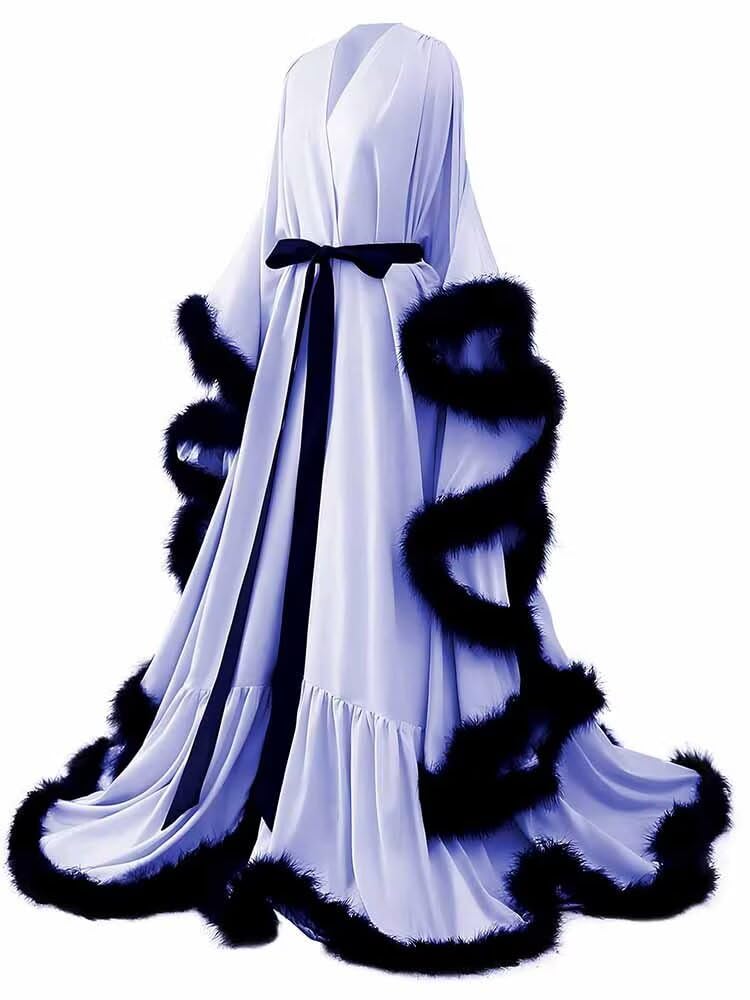 Changuan Feather Bridal Robe Silk Satin Robes Old Hollywood Long Nightgown Lingerie Bathrobe Sleepwear Maternity Photoshoot