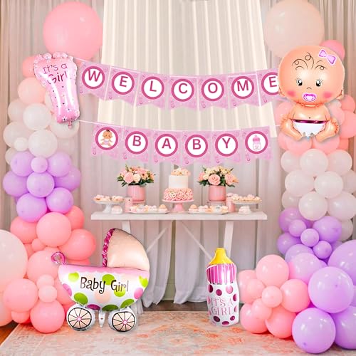 KIDZILO 57 Pcs Welcome Baby Girl Decoration Kit | Balloons, Banner, Curtains, Foils, Stars, Hearts, Ribbon & Confetti for Baby Shower & Newborn Celebration Set 07