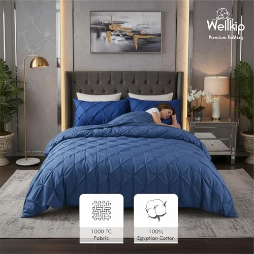 Image of Pinch Pleated Duvet Cover Set 1000TC 100% Cotton Premium 3-Pieces 1-Duvet Cover & 2-Pillow Cover Luxury Look Home and Hotel Zipper & 8-Tie Closure (Medium Blue, Queen 90 X 90 Inch)