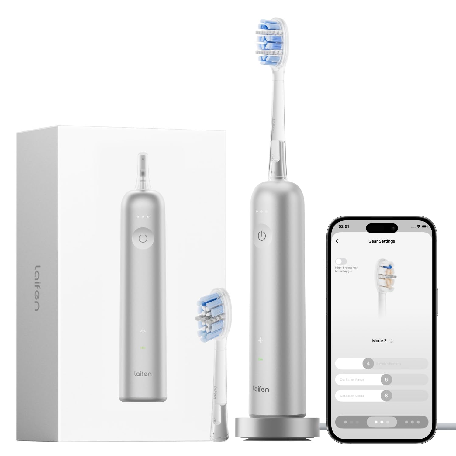 Laifen Wave Pro Cepillo Eléctrico Sónico, Autonomía 70 Días, Aluminio | Sistema de Limpieza de Doble Modo, Sensor de Presión Inteligente, Tecnología WaveMotion de 60°, IPX8, Ajustes desde la App