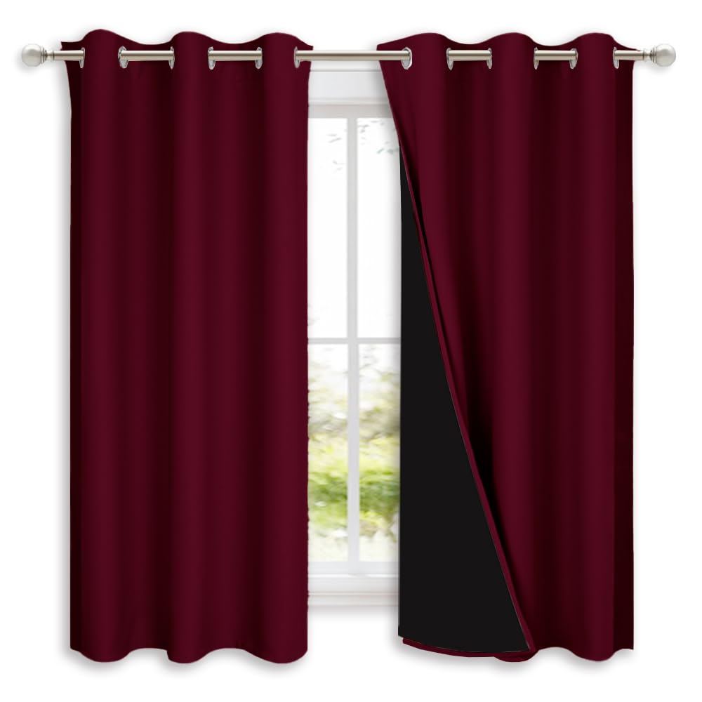 NICETOWN 100% Blackout Short Curtains with Black Liners, 2 Panels, 37" W by 60" L, Wine Red, Solid Thermal Insulated Full Blackout 2-Layer Lined Drapes, Energy Efficiency Window Draperies for Bedroom