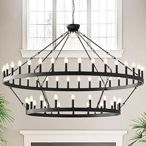 L LOHAS LED Wagon Wheel Chandelier, 2 Tier 54-Lights 60in Extra Large Black Farmhouse Chandelier Light Fixture, Round Rustic Lighting for Living Room, Dining Room, Over Table, Island, Foyer, Entryway L LOHAS LED Wagon Wheel Chandelier 2 Tier 54 Lights 60in Extra Large Black Farmhouse Chandelier Light Fixture Round Rustic Lighting for Living Room Dining Room Over Table Island Foyer Entryway