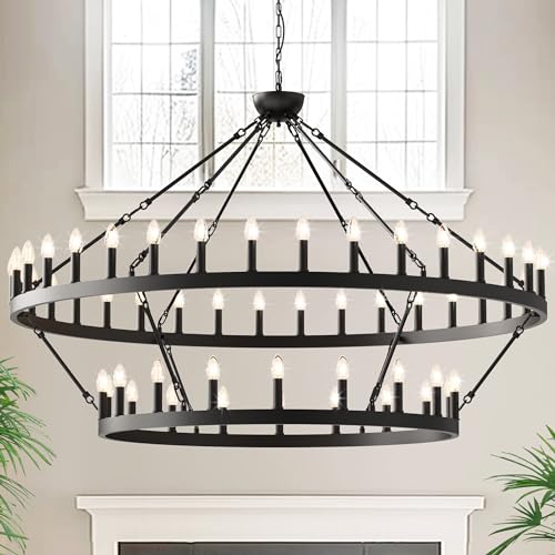 L-LOHAS-LED-Wagon-Wheel-Chandelier-2-Tier-54-Lights-60in-Extra-Large-Black-Farmhouse-Chandelier-Light-Fixture-Round-Rustic-Lighting-for-Living-Room-Dining-Room-Over-Table-Island-Foyer-Entryway L LOHAS LED Wagon Wheel Chandelier 2 Tier 54 Lights 60in Extra Large Black Farmhouse Chandelier Light Fixture Round Rustic Lighting for Living Room Dining Room Over Table Island Foyer Entryway