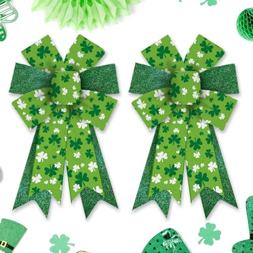 Estivaux 2 PCS St. Patrick's Day Bows for Wreath, Irish Shamrock Wreath Bows Glitter Green Burlap Bows Clovers Leaves Craft Bows for Front Door Saint Patrick's Day Decorations Carnival Party Favor