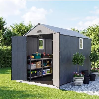 EASYHAWK 6x10 FT Outdoor Resin Storage Shed with Floor, Weatherproof Plastic Storage Shed with Window, Lockable Door & Vents, Garden Tool Shed for Backyard Patio Lawn, Bike & Trash Can Storage