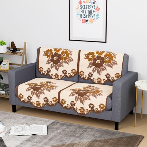 Image of Kuber Industries (Set of 4) Stylish & Durable Cotton Sofa Covers 2 Seater | Washable Sofa Protector /Mat & Slipcover for Hall, Living Room & Office | Painting Print- Cream & Brown