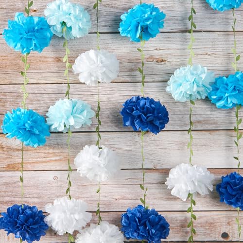 Image of Gradient Blue Tissue Paper Pom Pom Garlands, Paper Flowers for Birthday Decorations, Baby Shower, Wedding Engagement, Bridal Shower, Spring Summer Party Decorations