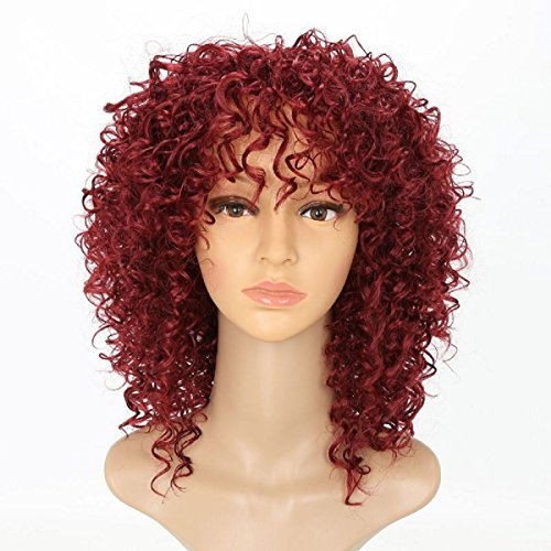 Doren Loose Curls Synthetic Wigs for Women Machine Made Short Curly Hair with Bangs Wine Red Color