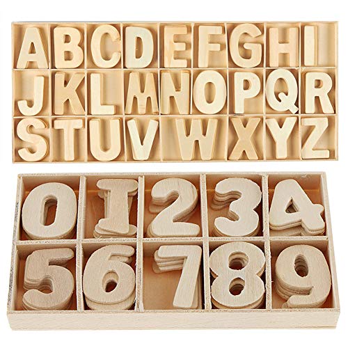 216-Pcs Juego de letras y números de madera - Números de letras mayúsculas de madera con bandeja de almacenamiento - Alfabeto de madera Letras artesanales Números de madera natural suave para manualid