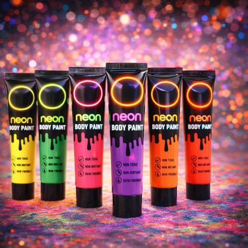 Image of CraftVatika Neon Body Paint for Holi Color Festival | Certified Non-Toxic & Skin-Friendly Face Paint | UV Glow Neon Colours | 6 Assorted Tubes (300g Total)