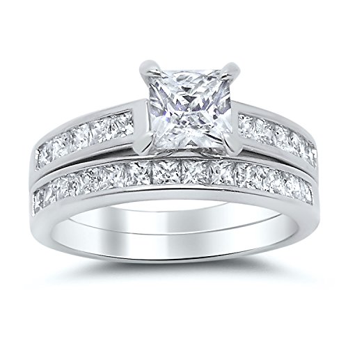 Sterling Silver Princess Cut Bridal Set Engagement Wedding Ring Set (Size 4)