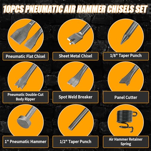 Image of 10pcs Pneumatic Air Hammer Chisels Set, Heavy Duty High Carbon Steel Pneumatic Air Hammer Chisels with 0.401 inch Shank, Pneumatic Chisel Tool Rivet Removal & Automotive Repairs, Includes Spring