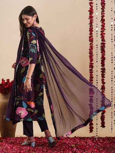 Image of GoSriKi Women's Rayon Blend Straight Printed Kurta with Pant & Dupatta