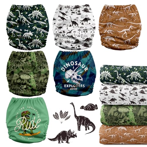 Mama Koala 3.0 Pocket Cloth Diapers for Babies with AWJ Lining, 6 Pack with 6 5-Layer Natural Cloth Diaper Inserts - Reusable and Washable Pocket Diapers(A-It's Dinosaurs)